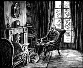 wood-engraving original print: Old People for Time and Tide story by Gwen Raverat